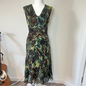 Jones NY Vintage 90s/Y2K 100% Silk Chiffon Maxi Dress Brown Green Watercolor 🥝🤎
